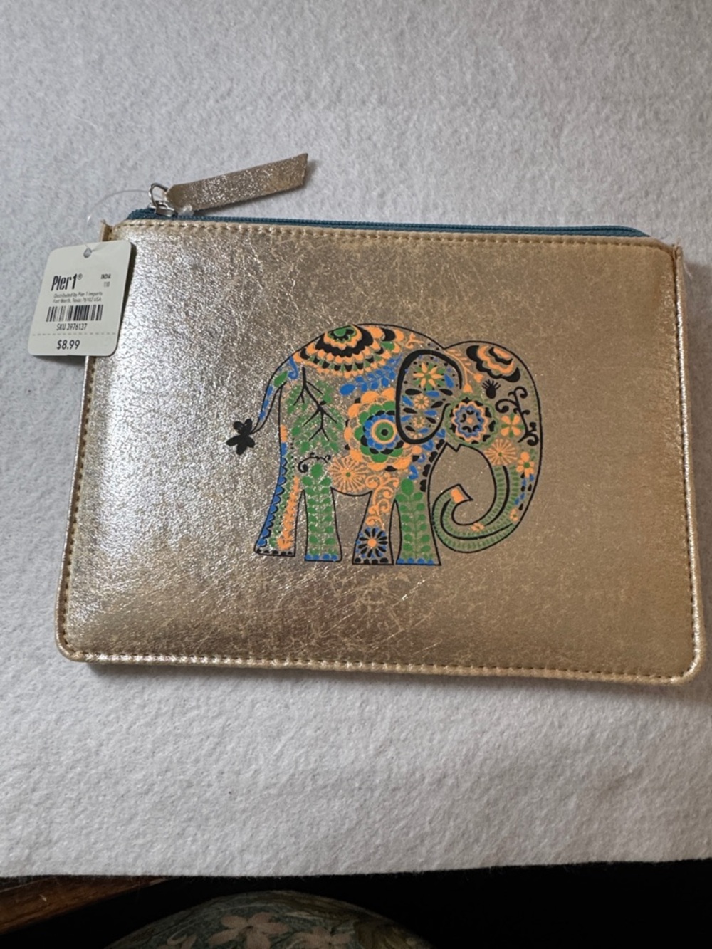 Pier 1 Metallic Gold Elephant Zip Pouch with Multicolor Accent
